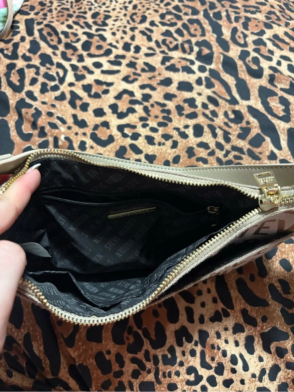 Steve Madden Brown Logo Crescent Shoulder Bag with Gold Hardware